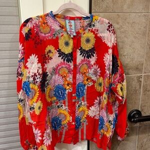 Johnny Was Miska Floral Button Down Boxy Blouse size PM. Red oversized blouse.